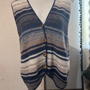 Striped Knit Button-Front Sweater Vest in Blue and Cream